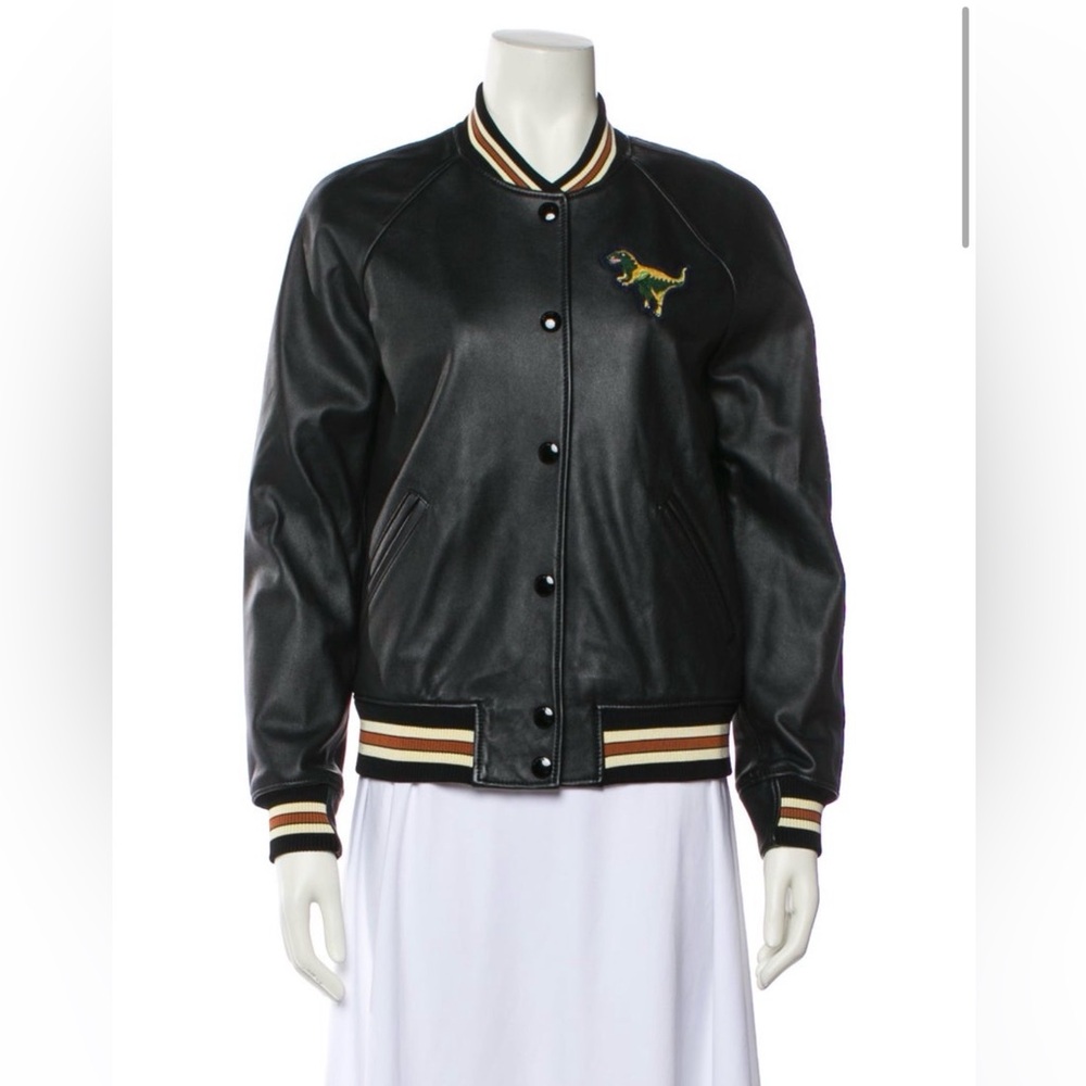 Coach Black Leather Jacket with Dinosaur Embroidery